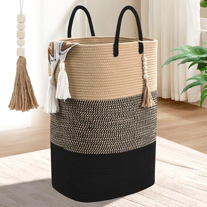 Woven Laundry Basket for Clothes, 80 L Large Rectangle Laundry Hampers with Beads Tassel, Nursery Storage Basket for Toys, Tall Dirty Clothes Hamper for Bedroom Aesthetic, Laundry Room Organization