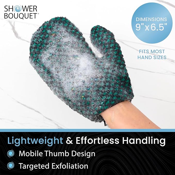 Japanese Exfoliating Mitt for Shower [Green] - Charcoal & Silver Ion Exfoliating Glove - Gentle Exfoliation & Deep Cleansing Shower Mitt - Exfoliating Body Scrubber Glove, Soft Fabric Inside