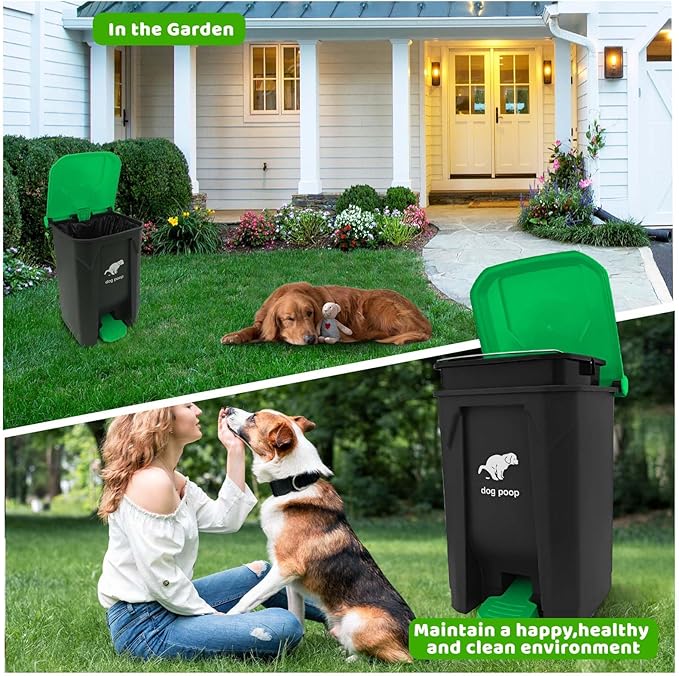 Dog Poop Trash Can Outside, 20L/5Gallon Dog Waste Trash Can with Lid, Pedal and Removable Inner Waste Bin, Pet Poop Bucket with 100 Bags, Green