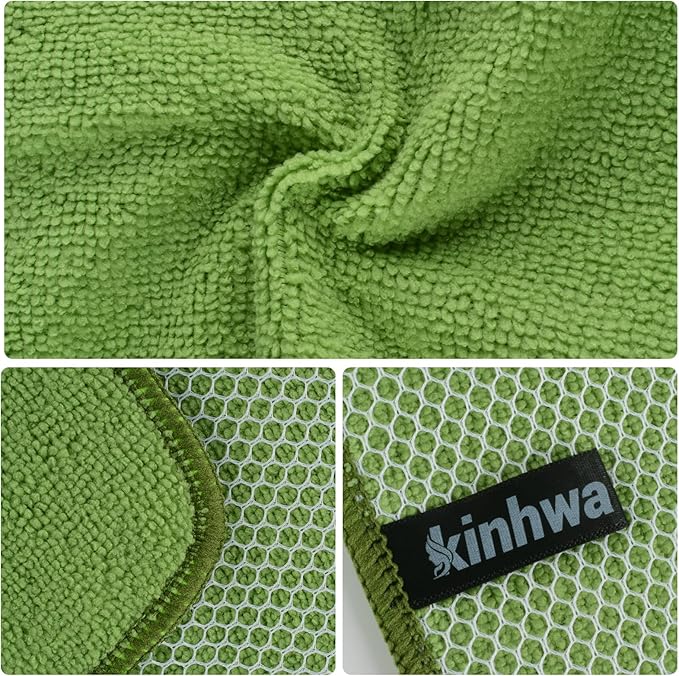 KinHwa Kitchen Washcloths for Dishes Absorbent Microfiber Dish Cloths Quick Dry Dish Rags with Poly Scour Scrub Side Ideal for Kitchen Cleaning (Green, 7inchx7inch 9 Pack)