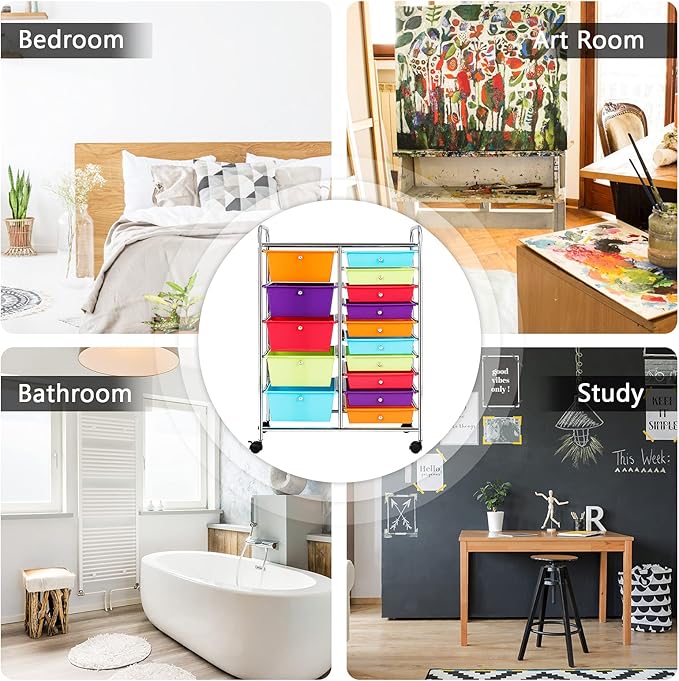 GOFLAME 15-Drawer Rolling Storage Cart, Multipurpose Movable Organizer, Utility Cart for Home, Office, School, Multicolored