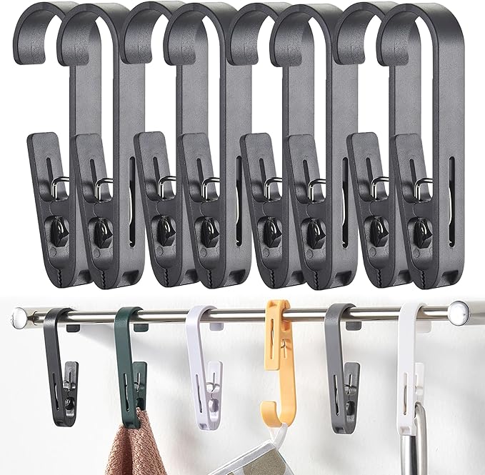 iBetterLife Clothes Pins Heavy Duty Outdoor - 4 Pcs Large Laundry Hook Hangers with Clips Closet Organizer Clamps Hanging Socks Boot Bras Towels Shower Pegs for Bathroom Wardrobe Kitchen Office, Black