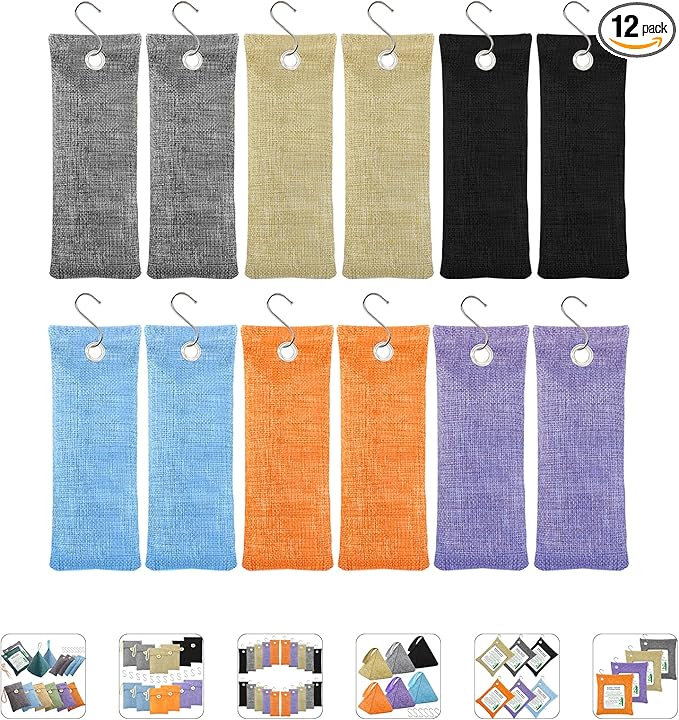 Charcoal Air Purifying Bags 12 Pack×100g Bamboo Charcoal Bags Odor Absorber, for Car Air Fresheners, Odor Eliminator for Home，Shoe Deodorizer - Colorful-Activated Charcoal Odor Absorbers