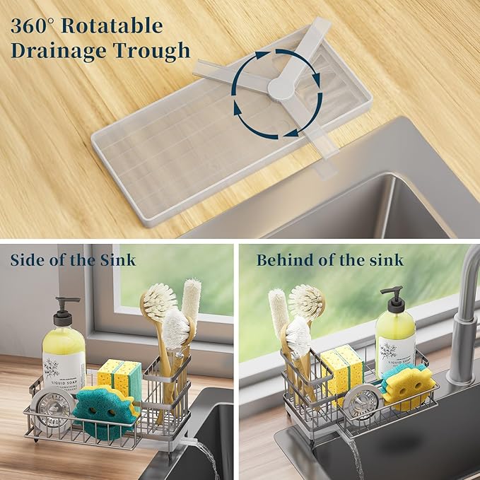 Consuemst Sponge Holder for Kitchen Sink - Auto Draining Sink Caddy Organizer with Detachable Rack, High Brush Holder, Kitchen Countertop Storage Accessories, Sand Nickel