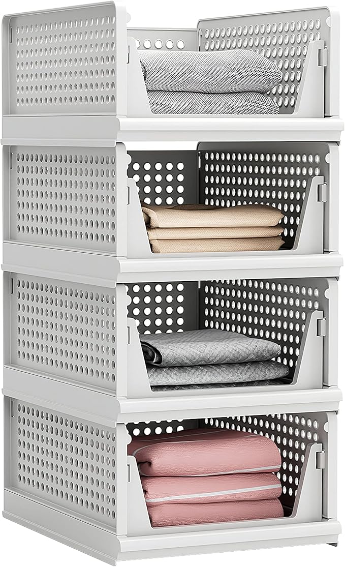 Proarea Stackable Plastic Storage Basket Closet Organizer Bin Foldable Clothes Organizer Storage Drawer Shelf Container for Living Room Bathroom Kitchen Office Laundry Room