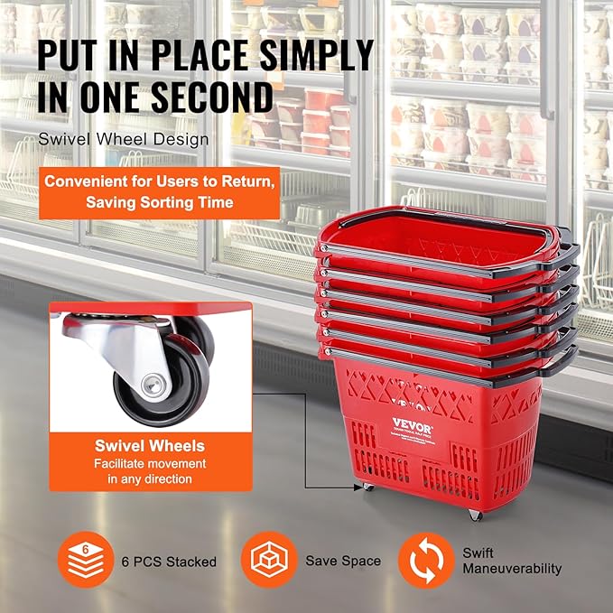 VEVOR Shopping Carts with Handles, 6PCS, 39L Plastic Rolling Shopping Basket with Wheels, Large Portable Shopping Basket Set for Supermarkets, Retail Stores, Grocery Shopping, Red