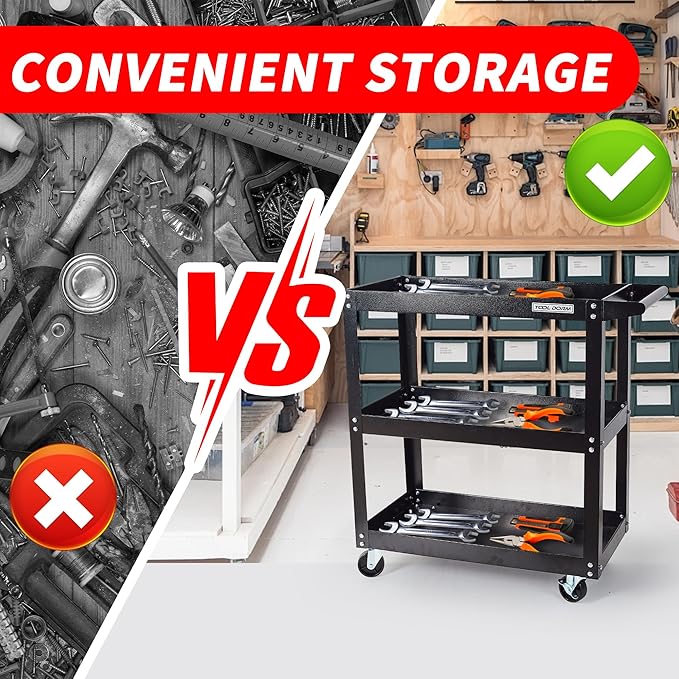 Utility Service Cart, 3 Shelf 200LBS Heavy Duty Steel Rolling Utility Cart, Medium Lipped Shelf, 360° Swivel Wheels, Ergonomic Storage Handle for Warehouse Garage, Black