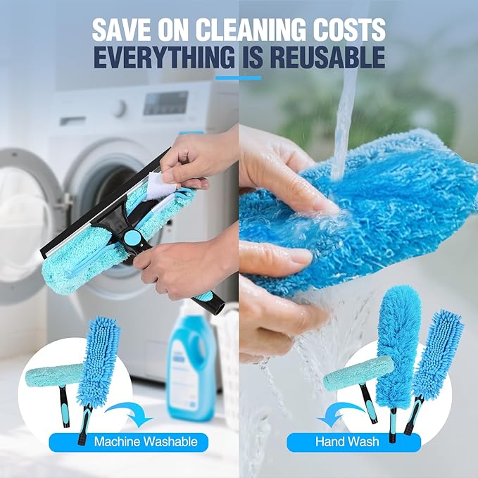 Lineslife Cobweb Duster,Washable Cleaning Duster Kit with Flexible Microfiber Duster Head, 1 * 2-in-1 Window Squeegee, and 1* Ceiling Fan Duster for Home Office Cleaning High Ceilings,Furniture,Roof