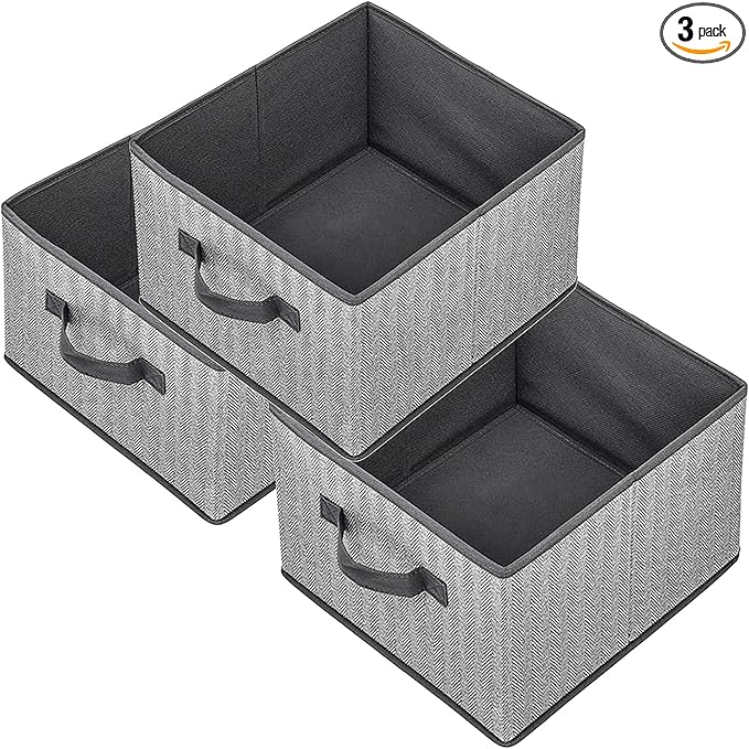 Storage Baskets, 11-Inch Woven Fabric Bins, Storage Cubes with Reinforced Handles, Organizer Bins for Closet Shelves, Foldable, for Toys, Clothes, Natural Beige (3PCS/Grey-11*11*7.8inch)
