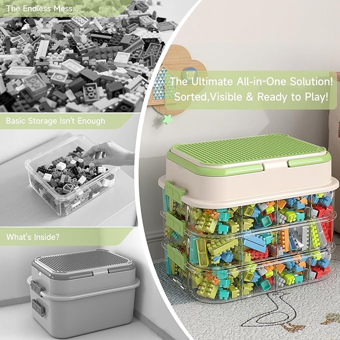 Toy Storage Organizer Box with Handle, Stackable Building Block Toy Box with Building Plate Lid & Removable Sorting Trays, Cubby Bins and Containers 2 Layer (Green)
