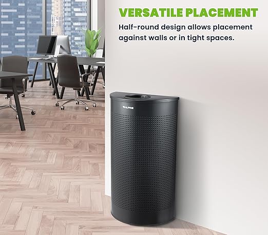 Alpine Half Round Trash Can Open Top - Modern Black Metal 12 Gallon, Space Saving Indoor Commercial Trash Can, Narrow Garbage Can for Bathroom, Office, Lobby and Business.