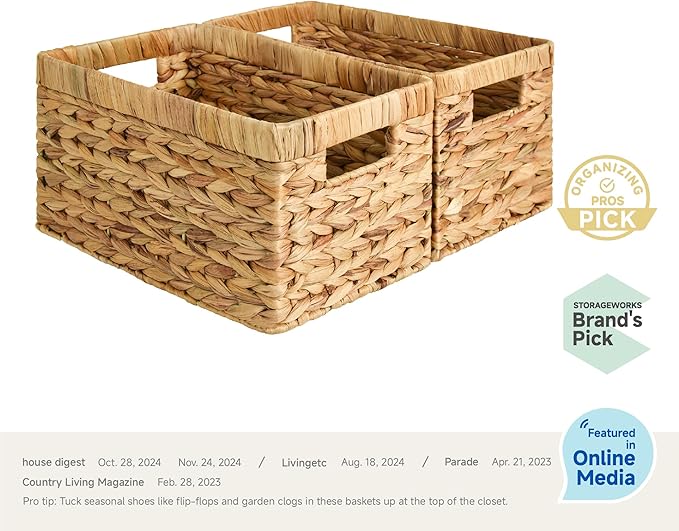 StorageWorks Wicker Basket, Baskets for Organizing, Storage Basket with Built-in Handles, Water Hyacinth Shelves (Medium 2-Pack, Natural Hyacinth)
