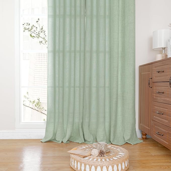 YoungsTex Sage Green Linen Curtains for Living Room 2 Panels, Semi Sheer Drapes Boho Light Filtering Window Treatments with Back Tab Rod Pocket for Office Dining Bedroom, 52 X 72 Inch