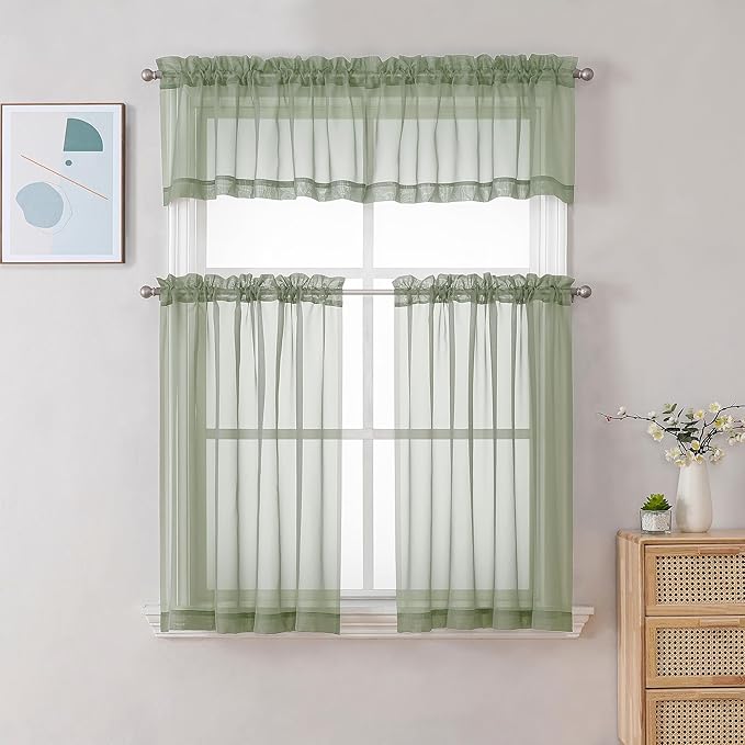 Chyhomenyc Sheer Curtains Tiers 42W x 24L Inches 2 Pieces Set, Light Filtering Small Curtains, Short Bathroom Living Room Cafe Basement Voile Window Curtain, Rod Pocket, Sage Green