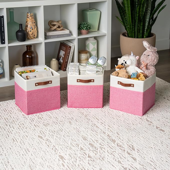 OrganiHaus 11x11 Fabric Cubes Storage Bins Set of 4, Foldable Collapsible Fabric Storage Bins for Organizer, Cubbies Organizer for Kallax, Linen Cube Shelf Baskets, Toy Organizing boxes - Pink/White