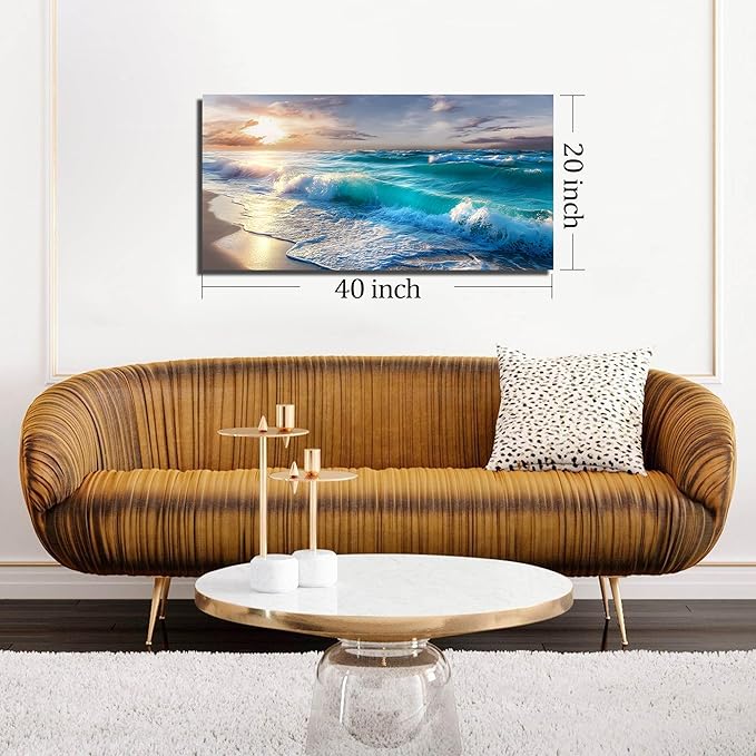 GUGIKA Ocean Wall Art for Living Room, Blue Wave and Large Coastal Beach Canvas Wall-Decor for Bedroom, Gold Sun Scenery Pictures for Hallway Office, Size 40x20 Inches