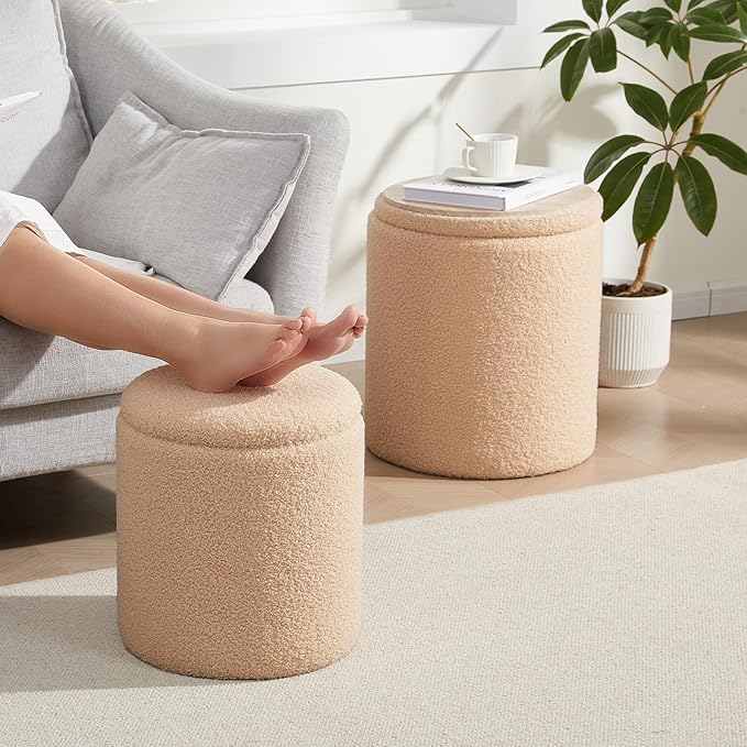 Boucle Round Ottoman with Storage Set of 2,Small Foot Stool Ottoman for Living Room, Small Coffee Table,Vanity Stool with Storage for Bedroom, Beige