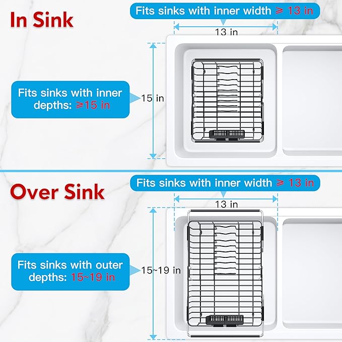JASIWAY in Sink Dish Drying Rack, Expandable Stainless Steel Dish Drainers for Kitchen Sink, Over Sink Dish Drying Rack with Utensil Holder, 13.1''~16.6''D x 11.8''W, Black
