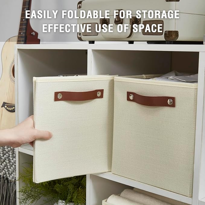 Collapsible Fabric Storage Cube Bins with 2 Reinforced PU Handles, Foldable Storage Organizer Baskets for Closet, Shelves, Living Room | 11"x11"x11", 4 Pack, Full Beige