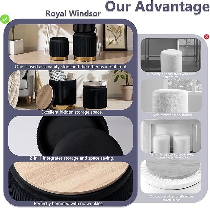 Royal Windsor Round Ottoman with Storage Set of 2, Vanity Stool with Storage for Bedroom, Ottoman Coffee Table Gold-Tone Ring Around The Base, Small Velvet Foot Stool for Living Room, Black