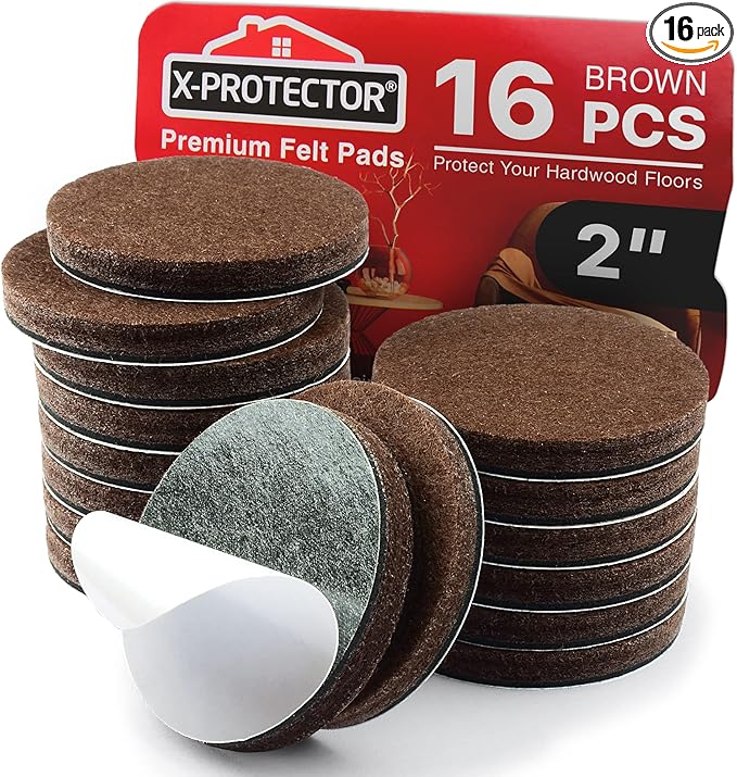 16 Heavy-Duty Felt Furniture Pads 2” 1/4” Thick X-Protector! Round Felt Pads for Furniture Feet - The Best Felt Floor Protectors for Furniture to Prevent Scratches. Protect Your Hard Floor! (Brown)