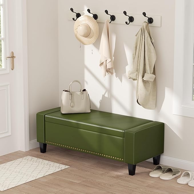 48.8" Storage Ottoman Bench Green | Faux Leather Bedroom Bench with Lift Top for Living Room & Bed End