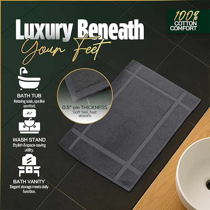 Pearl Linens Pack of 6 Washable Cotton Bath Mat 18x25 - Soft & Absorbent Quick Dry Bathroom Mat Set, Not Bathroom Rugs After Shower Mat, Terry Bath Tub Mat, 687 GSM Dark Grey