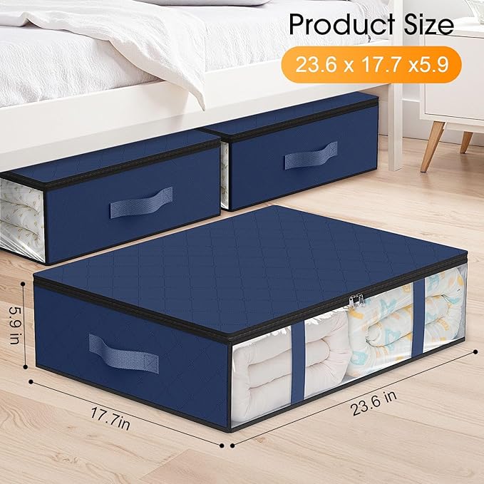 StorageRight Under Bed Storage Bins, 2-Pack 40L Foldable Fabric Storage Bags with Transparent Window, Breathable Organizer for Clothes/Blanket/Comforter/Quilt, Blue