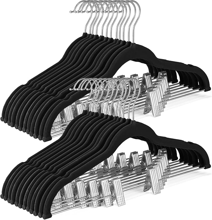 HOUSE DAY Velvet Skirt Hangers 24 Pack, Black Velvet Pant Hangers with Adjustable Clips, Space Saving Slim Shorts Hanger, Heavy Duty Non Slip Clip Hanger for Pants, Skirts, Shorts