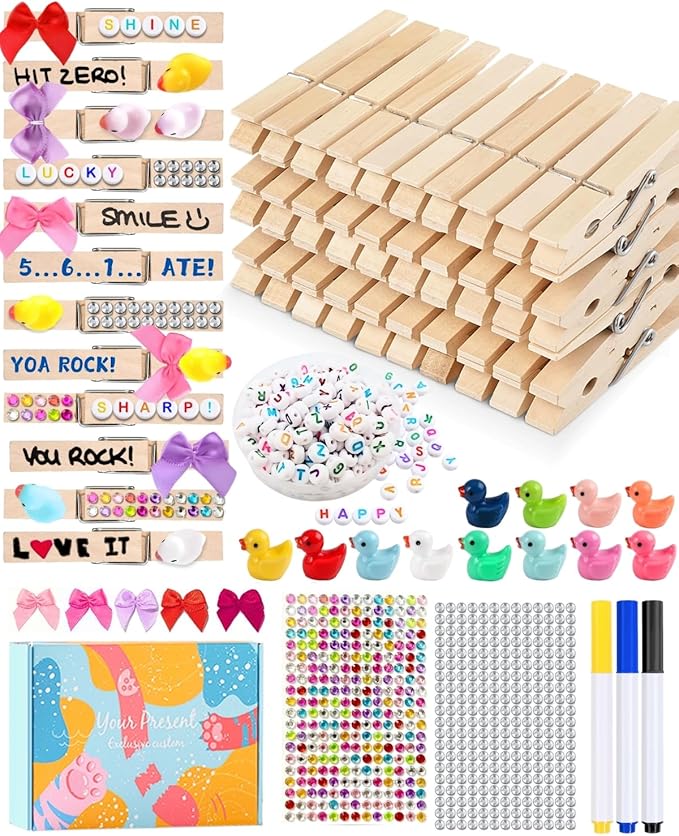Cheer Pins for Backpack Cheer Stuff Kit 70 Clothes Pins with Mini Resin Ducks Mini Bows Letter Beads Team Cheerleaders Gifts Bulk Pin Me Ribbon for Bag Decorations Spirit Clips Competition Accessories
