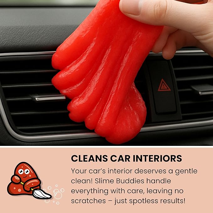 Slime Buddies Car Cleaning Gel Putty - Strawberry Scented Interior Detailing Tool for Cup Holders, Air Vents & Keyboard - Reusable Auto Detailing Accessories - Dust Remover Goop - Gifts for Men Women