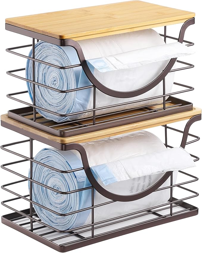 Extra Large Trash Bag Holder Under Sink Stackable Kitchen Storage 2 Pack, Pantry Organizers and Storage, Wall Mounted Garbage Bag Dispenser Roll Holder for Laundry Room and Kitchen