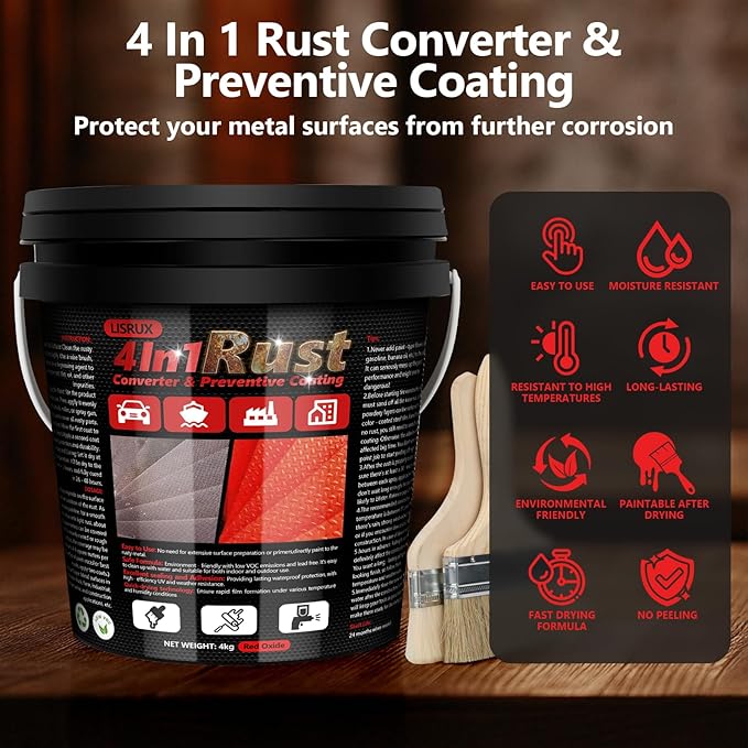 4-in-1 Rust Converter & Metal Primer, 141 Fl OZ Red Rust Inhibitor Paint for Metal, Remove & Convert Rust And Also Protect, Industrial Grade Water Based Rust Reformer, Heat Resistance & UV Resistant