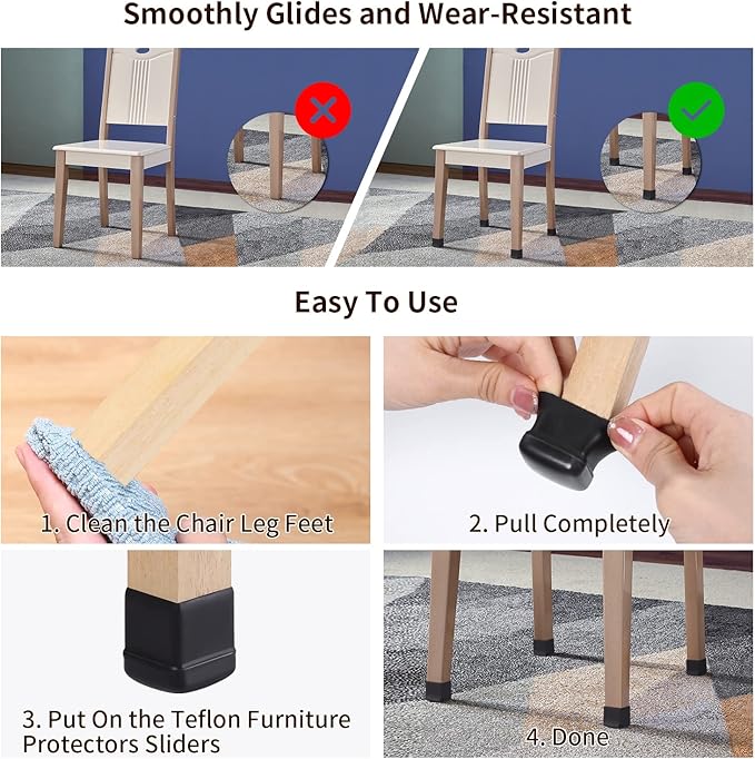 Ezprotekt 24 Pcs Chair Leg Sliders for Carpet, Square Black Chair Glides Teflon Furniture Pads, Bar Stool Leg Protectors Caps for Rug - for Dining Table, Couch, Patio Legs (M Fit: 0.75" - 1")