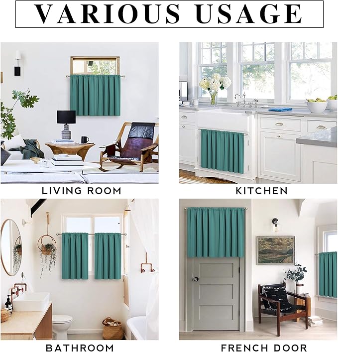RYB HOME Kitchen Curtains Blackout - Half Window Curtains Thermal Insulated Blackout Privacy Drapes for Living Room Cafe Bedroom Basement, W 42 x L 36, Teal, 2 Panels
