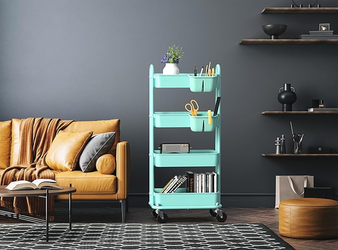 Simple Houseware 4-Tier Multifunctional Rolling Utility Cart with Hanging Buckets, Turquoise