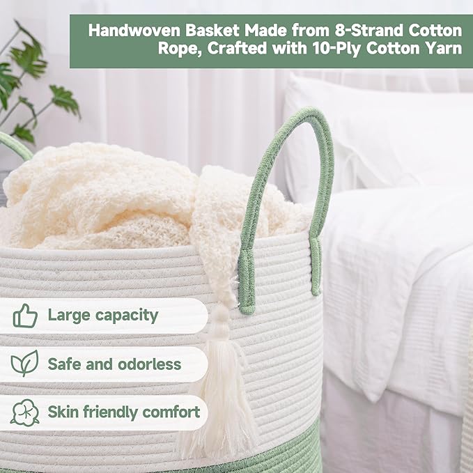 CLHMILY&Z 60L Laundry Basket Round Storage Rope Basket - 15x20.5 Inches - Green Hamper in Bedreoom and Cute Storage Bin for Blankets, Toys, and Nursery Essentials