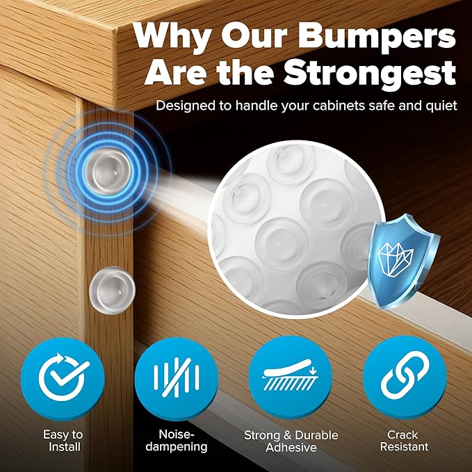Strongest Home Cabinet Door Bumpers – 200 Pack Clear Rubber Bumpers Self-Adhesive for Cabinets, Drawers & Furniture – Soft Cabinet Stoppers for Quiet Close & Surface Protection – 0.5" x 0.2"