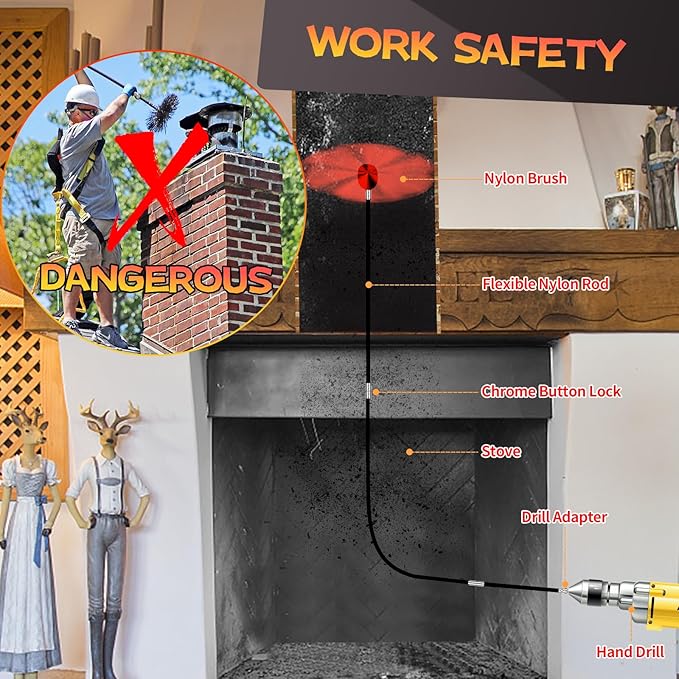 30 Feet Chimney Sweep Kit, Chimney Cleaning Kit with 9 Flexible Black Chimney Rods, Chimney Brush for Sweeping Fireplace, Rotary Chimney Cleaning System Driven by Drill