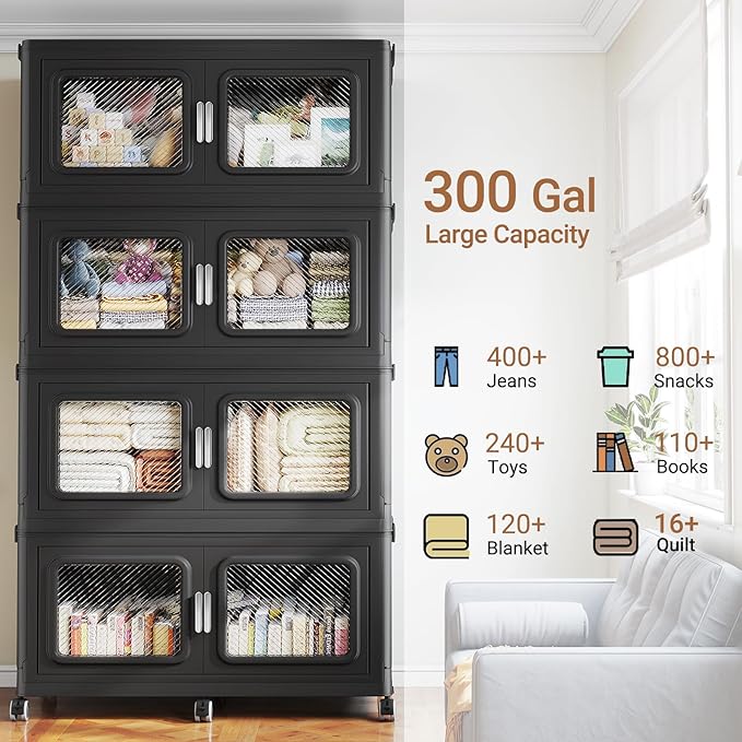 BROVIEW 1200 Qt Stackable Storage Bin with Lid, 300Gal Extra Large Collapsible Storage Boxes, Folding Plastic Drawer, Heavy-Duty Store Cabinet, Closet Organizer for Home Kitchen, 4 Pack Black