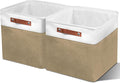 12in Open Fabric Storage Basket with Leather Handles for Organizing, Collapsible Linen Closet Bins for Shelves, Closets, Laundry, Decorative Basket for Gifts. (White＆Khaki, 2PCS/12x12in)