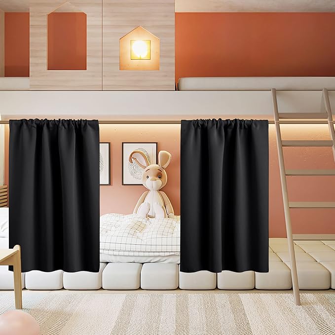 RYB HOME Short Curtains for Living Room Blackout Portable Blinds Shades for Bedroom Bathroom Basement Garage RV Camper Windows, 34 inches Width x 36 inches Length, Black, 2 Pcs