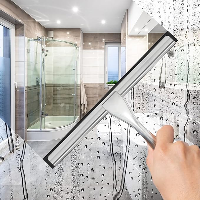 All-Purpose Stainless Steel Shower Squeegee for Shower Glass Door with 2 Adhesive Hooks, Bathroom Cleaner Tool Household Window Mirror Squeegee for Glass Doors, Cleaning Tile Wall, Car, 14 Inch Silver