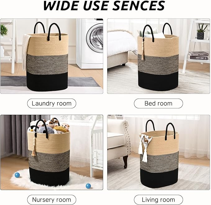 Woven Laundry Basket for Clothes, 80 L Large Rectangle Laundry Hampers with Beads Tassel, Nursery Storage Basket for Toys, Tall Dirty Clothes Hamper for Bedroom Aesthetic, Laundry Room Organization