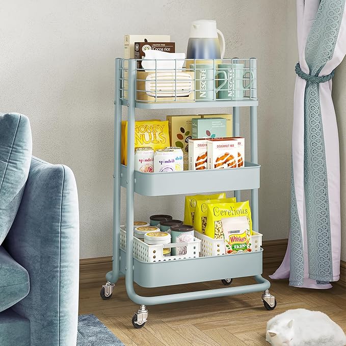KINGRACK 3 Tier Rolling Cart, Metal Mobile Storage Shelf with Lockable Wheels, Prevent Falling Utility Trolley Cart, Storage Organizer for Kitchen, Office, Bathroom, Dorm, Green