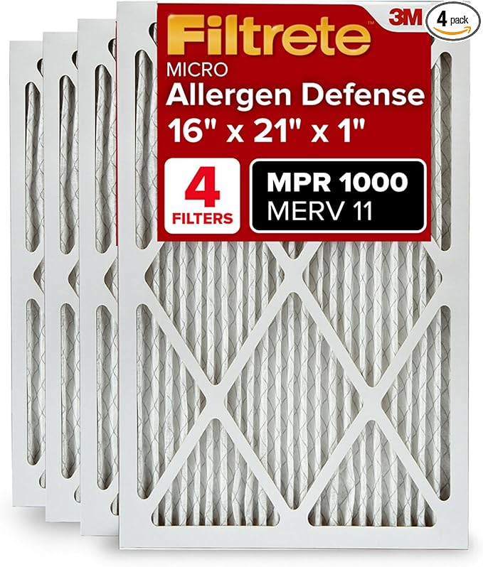Filtrete 16x21x1 AC Furnace Air Filter, MERV 11, MPR 1000, Micro Allergen Defense, 3-Month Pleated 1-Inch Electrostatic Air Cleaning Filter, 4 Pack