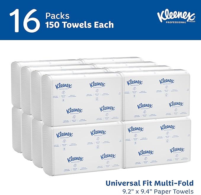 Kleenex Professional Universal Multifold Paper Towels, Bulk (01890), Absorbency Pockets, 9.2" x 9.4" Towel, White (150 Sheets/Pack, 16 Packs/Case, 2,400 Sheet Total)