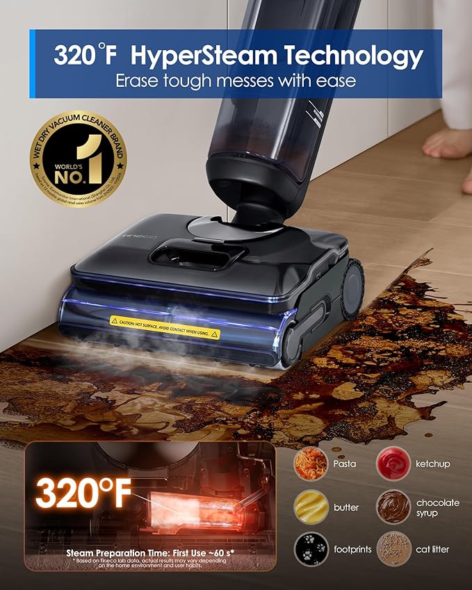 Tineco Floor One S7 Stretch Steam Cordless Wet Dry Vacuum Steam Mop All-in-One, 320℉ HyperSteam, 180° Lay-Flat, Anti-Tangle Design, FlashDry Self-Cleaning, Up to 80 Min Runtime