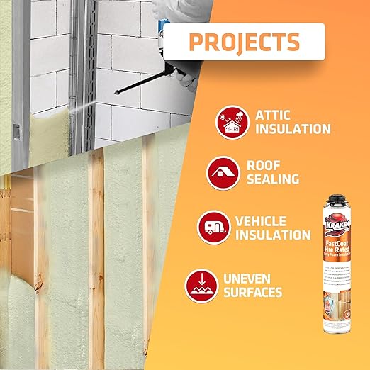 Kraken Bond Fastcoat Fire Rated Spray Foam Insulation Closed Cell in a Can 480 sq ft (24x27.1 oz.) (R-Value 11.32 / 2in) - Spray Foam for Garage Door, Attic, Wall Gun & Cleaner Included, 24 Pack