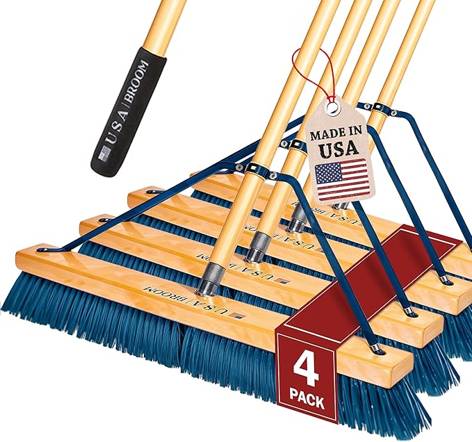 4 Pack Bundle- 24" Everyday Sweep Indoor/Outdoor Push Broom with 60" Handle. Ideal for Garages & Shops. American Made Steel Brackets-All Stainless Steel Hardware. No Plastic. 100% Made in The USA.